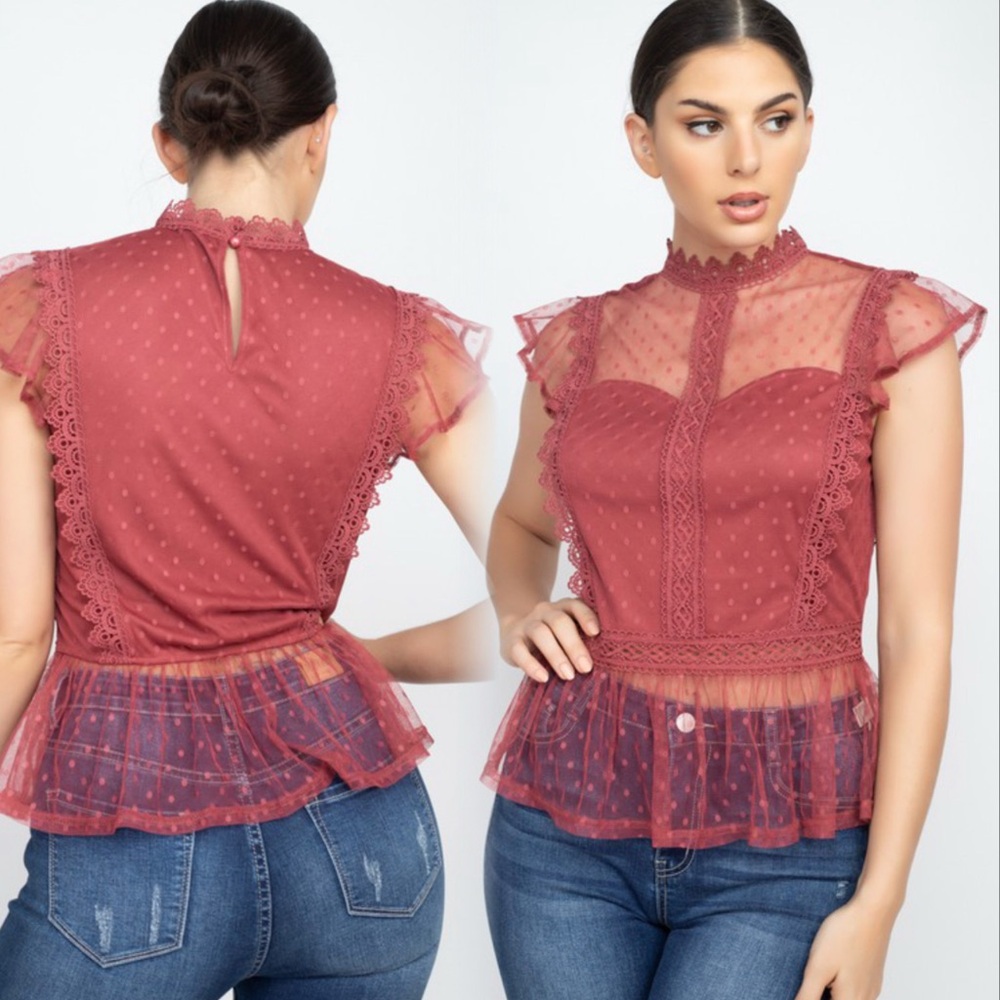Elegant Lace Trimmed Burgundy Top